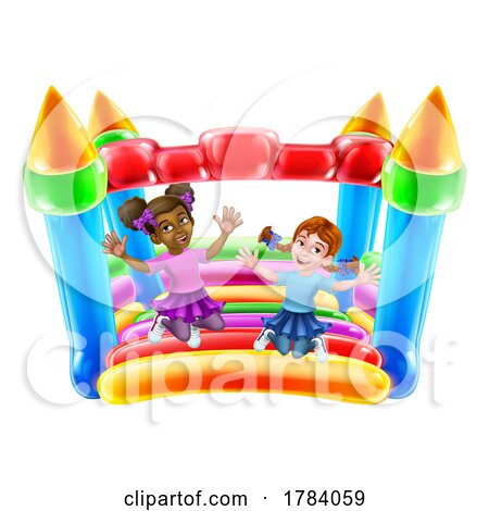 Bouncy House Castle Jumping Girls Kids Cartoon by AtStockIllustration