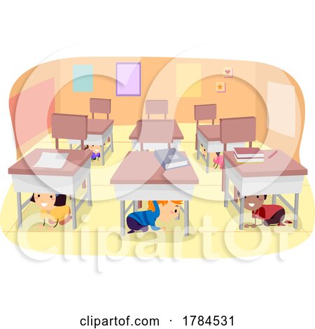 Children Under Classroom Desks In an Earthquake Drill by BNP Design Studio
