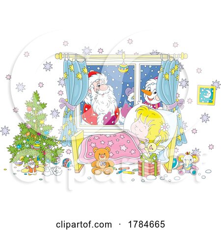 Cartoon Santa and Snowman Outside a Sleeping Girls Window by Alex Bannykh