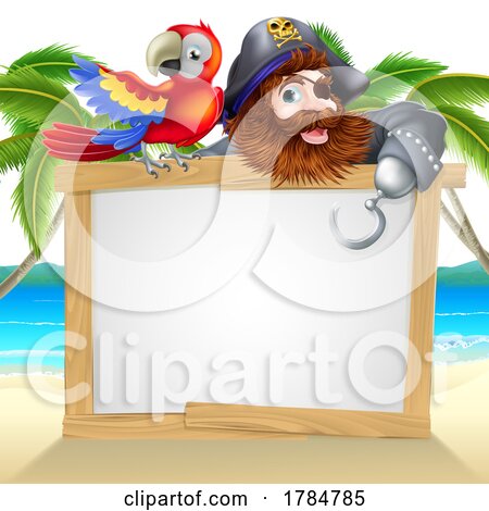Cartoon Pirate Captain and Parrot Beach Background by AtStockIllustration