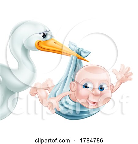Cartoon Stork Bird Holding Baby by AtStockIllustration