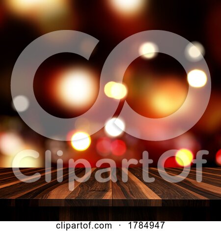 3D Christmas Background with Wooden Table Against Bokeh Lights by KJ Pargeter