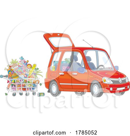 Cartoon Full Shopping Cart of Food Behind a Car by Alex Bannykh