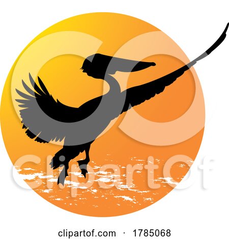 Silhouetted Flying Pelican and Sunset Sky Circle with Grunge by Lal Perera