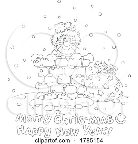 Cartoon Cat in a Chimney over Merry Christmas Happy New Year Text by Alex Bannykh