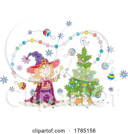 Cartoon Christmas Witch Girl Decorating a Tree with Magic by Alex Bannykh