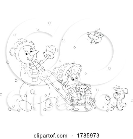 Snowman Pushing a Kid in a Sled by Alex Bannykh
