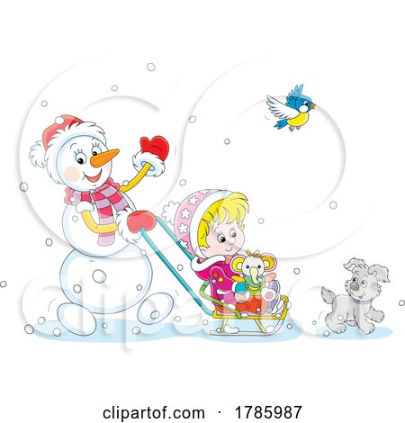 Snowman Pushing a Kid in a Sled by Alex Bannykh