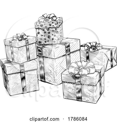 Pile of Wrapped Christmas Gift Boxes Line Drawing - Christmas - Posters and  Art Prints