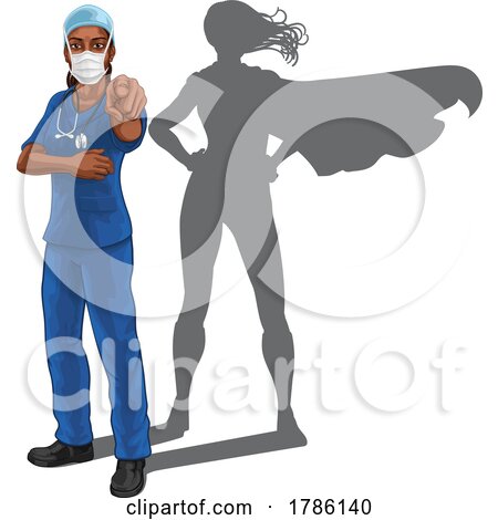 Super Hero Black Woman Doctor or Nurse Pointing by AtStockIllustration