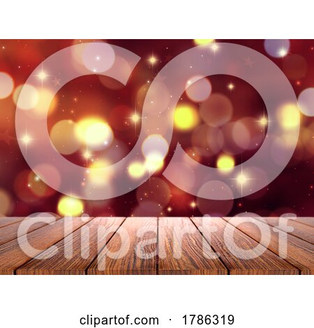 3D Christmas Background with Wooden Table Looking out to a Bokeh Lights Design by KJ Pargeter