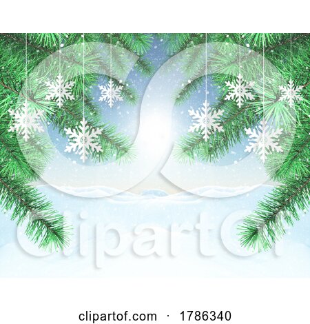 Christmas Background with Pine Tree Branches and Hanging Snowflakes by KJ Pargeter
