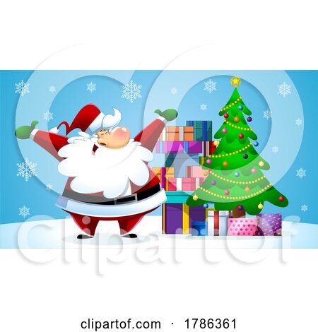 Cartoon Christmas Santa Claus Cheering by a Tree with Gifts by Hit Toon