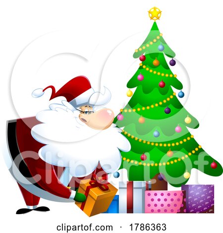 Cartoon Christmas Santa Claus Putting Presents Under a Tree by Hit Toon