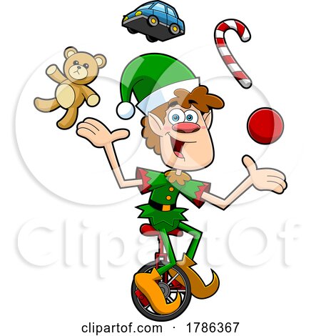 Cartoon Christmas Elf Juggling and Riding a Unicycle by Hit Toon