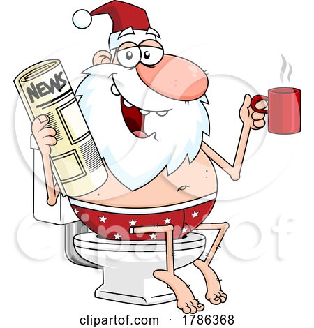 Cartoon Christmas Santa Claus Reading the News and Drinking Coffee on the Toilet by Hit Toon