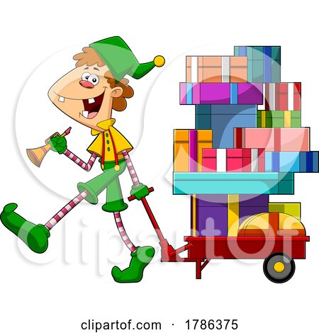 Cartoon Christmas Elf Pulling Gifts on a Cart by Hit Toon