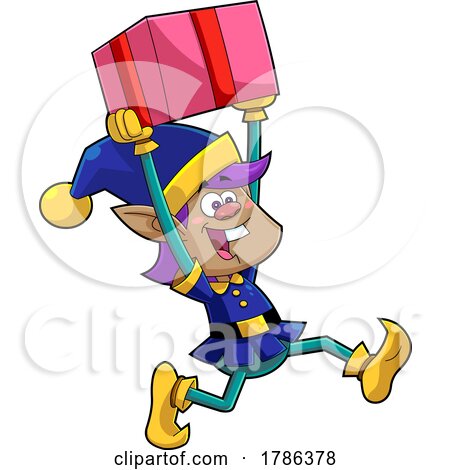 Cartoon Christmas Elf Running with a Gift by Hit Toon
