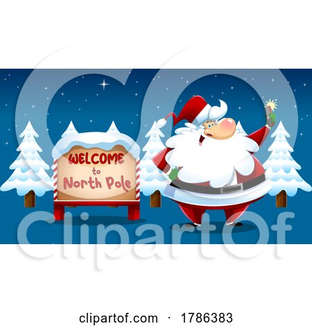 Cartoon Christmas Santa Claus Taking a Selfie at the North Pole Sign by Hit Toon