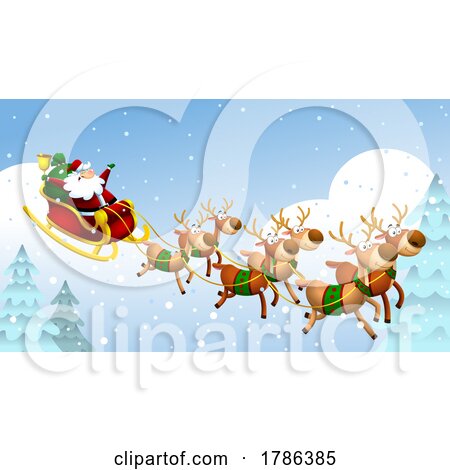 Cartoon Christmas Santa Claus and Reindeer Flying by Hit Toon