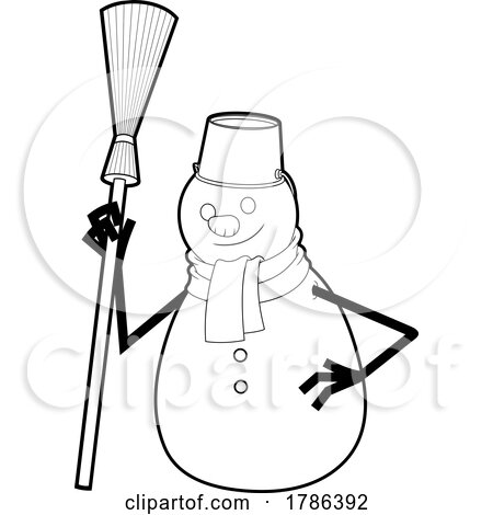 Cartoon Black and White Snowman Holding a Broom by Hit Toon