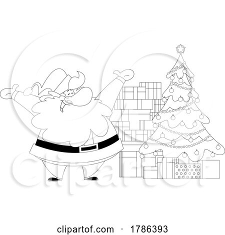 Cartoon Black and White Christmas Santa Claus Cheering by a Tree with Gifts by Hit Toon