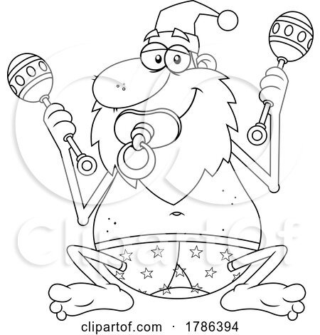 Cartoon Black and White Drunk New Year Santa Claus with a Pacificer and Baby Rattles by Hit Toon