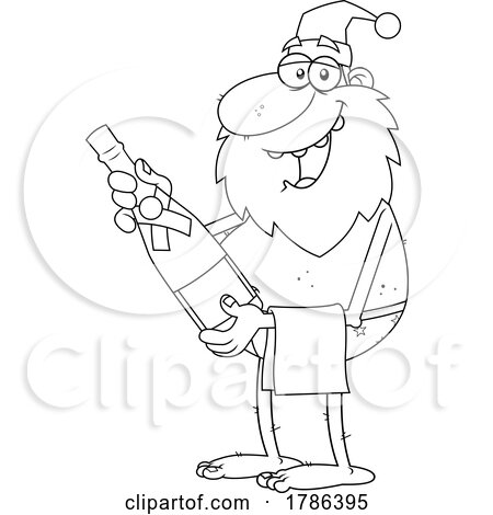 Cartoon Black and White Drunk New Year Santa Claus Holding a Bottle of Champagne by Hit Toon