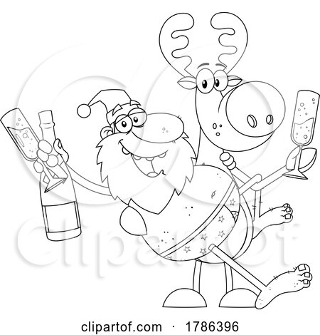 Cartoon Black and White Drunk Santa Claus and Reindeer by Hit Toon
