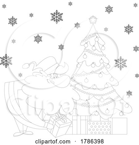 Cartoon Black and White Christmas Santa Claus Putting Presents Under a Tree by Hit Toon
