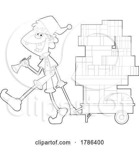 Cartoon Black and White Christmas Elf Pulling Gifts on a Cart by Hit Toon