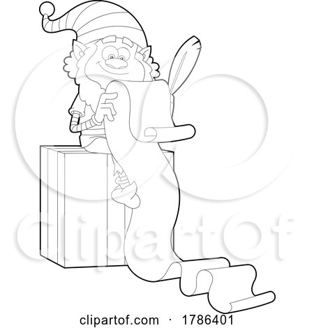 Cartoon Black and White Christmas Elf Checking a List by Hit Toon