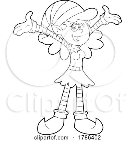 Cartoon Black and White Christmas Elf Cheering by Hit Toon