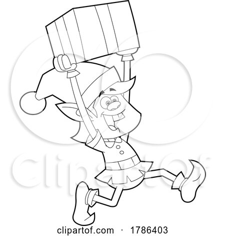 Cartoon Black and White Christmas Elf Running with a Gift by Hit Toon