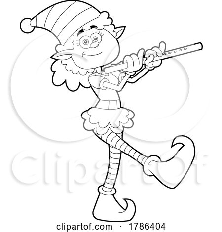 Cartoon Black and White Christmas Elf Marching and Playing a Flute by Hit Toon