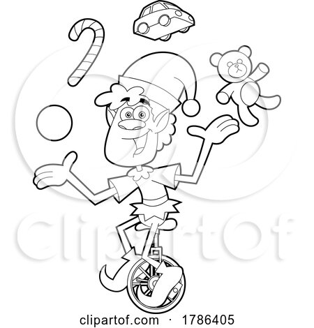 Cartoon Black and White Christmas Elf Juggling and Riding a Unicycle by Hit Toon