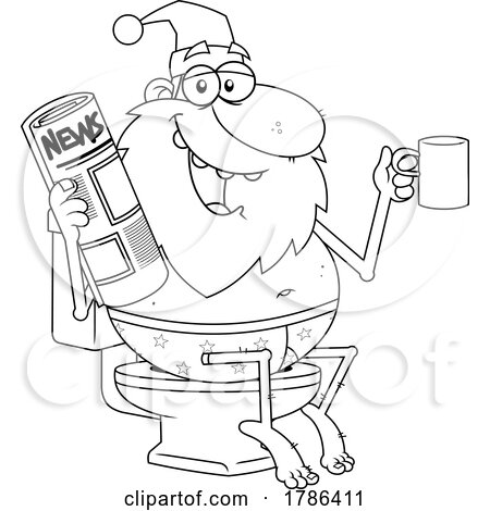 Cartoon Black and White Christmas Santa Claus Reading the News and Drinking Coffee on the Toilet by Hit Toon
