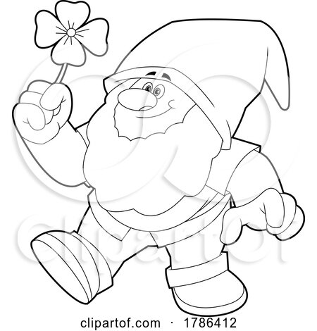 Cartoon Black and White Gnome or Leprechaun Holding a Four Leaf Clover by Hit Toon