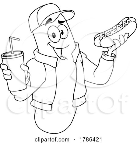 Cartoon Black and White Hot Dog Mascot with a Soda by Hit Toon