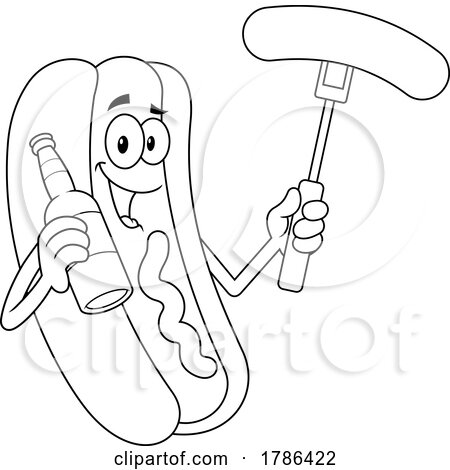 Cartoon Black and White Hot Dog Mascot with a Beer by Hit Toon