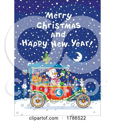 Snowman Driving over a Merry Christmas and Happy New Year Greeting by Alex Bannykh