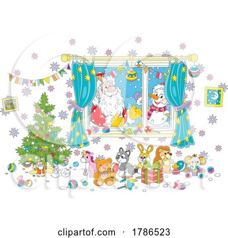 Santa and a Snowman Looking Through a Window at a Christmas Scene by Alex Bannykh