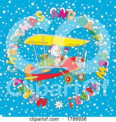 Snowman Flying a Plane with a Merry Christmas and Happy New Year Greeting by Alex Bannykh