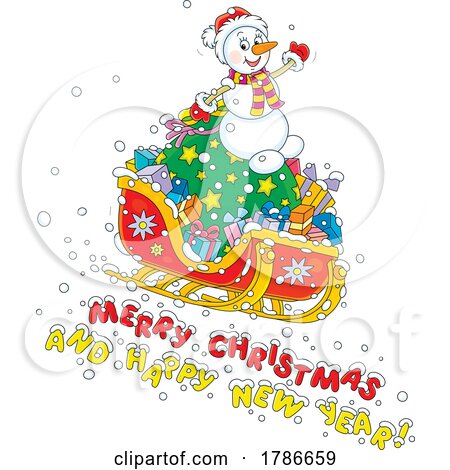 Sledding Snowman and a Merry Christmas and Happy New Year Greeting by Alex Bannykh
