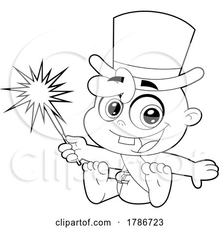 Cartoon Black and White New Year Baby Holding a Sparkler by Hit Toon