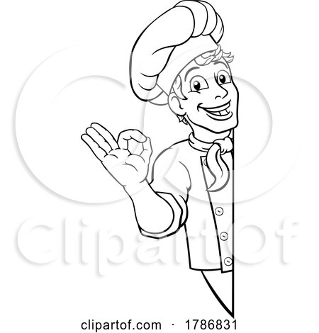 Chef Cook Baker Man Cartoon Peeking Around Sign by AtStockIllustration
