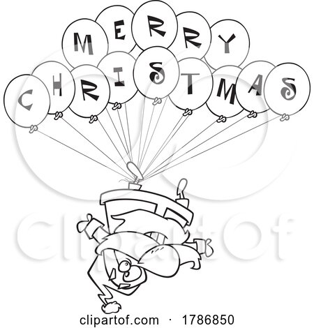 Cartoon Black and White Santa Floating Upside down from Merry Christmas Balloons by toonaday