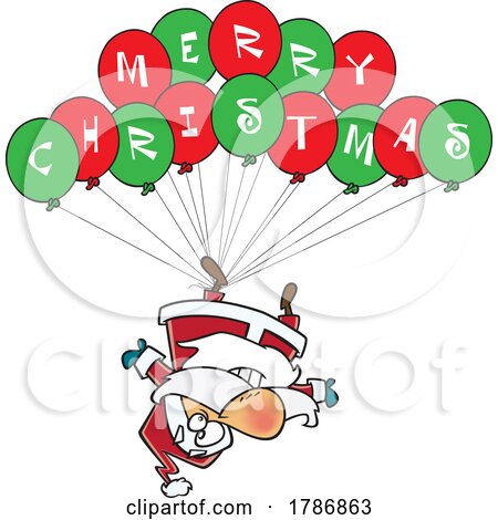 Cartoon Santa Floating Upside down from Merry Christmas Balloons by toonaday