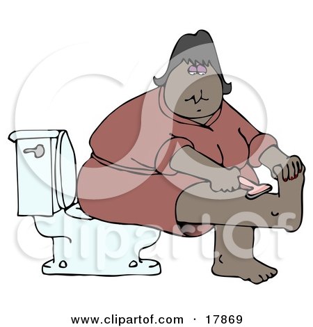 Clipart Illustration of a Middle Aged African American Woman In A Pink Robe, Sitting On A Toilet In A Bathroom And Shaving Her Leg by djart
