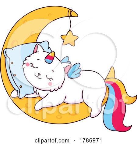 Cartoon Unicorn Cat Sleeping on a Crescent Moon by Vector Tradition SM